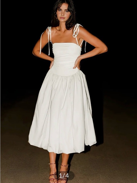 Amylynn Dresses & Skirts - Amy Lynn Alexa Tie-Shoulder Midi Dress Poplin Drop Waist Bubble Skirt White